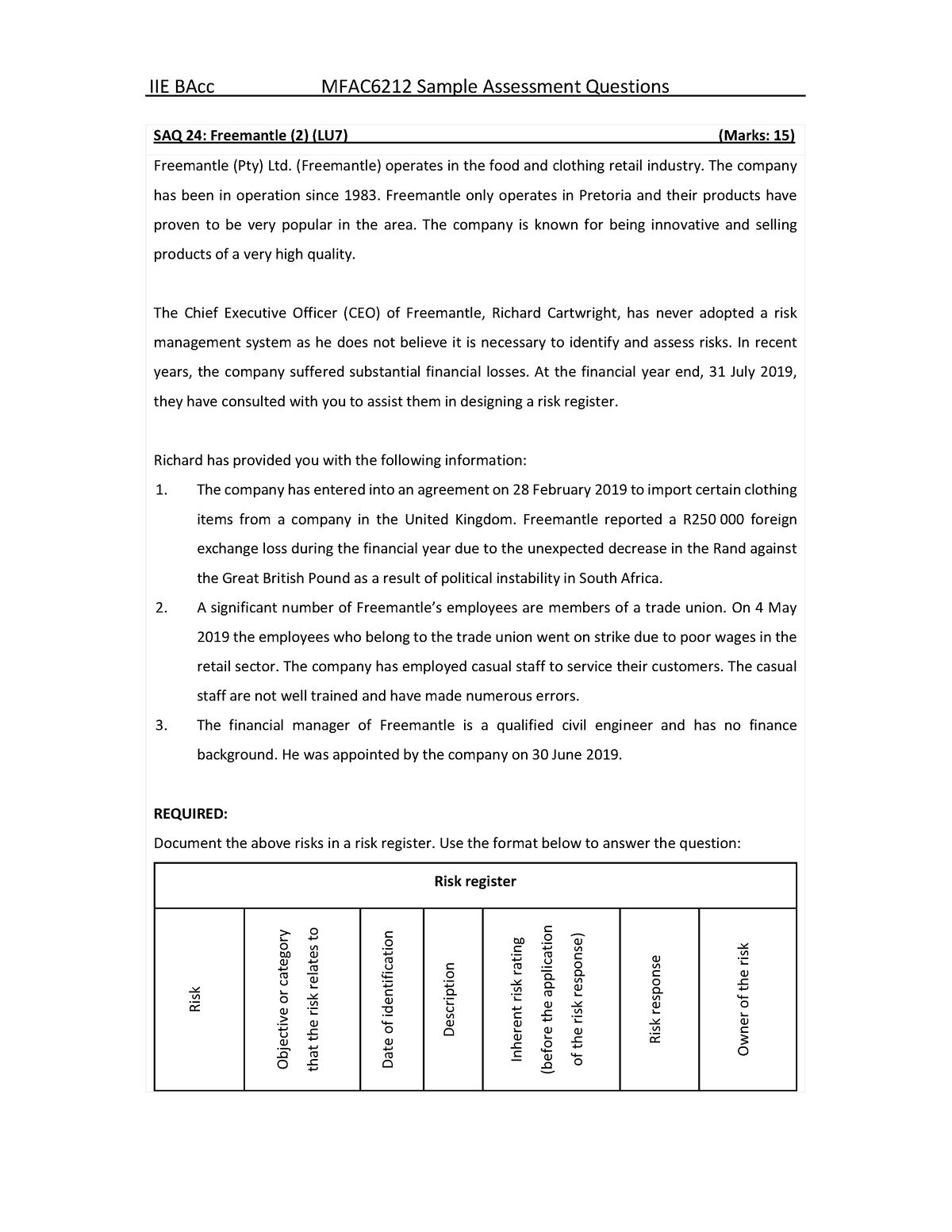 SAQ24 - Freemantle (2) (LU7) 2 - IIE BAcc MFAC6212 Sample Assessment ...