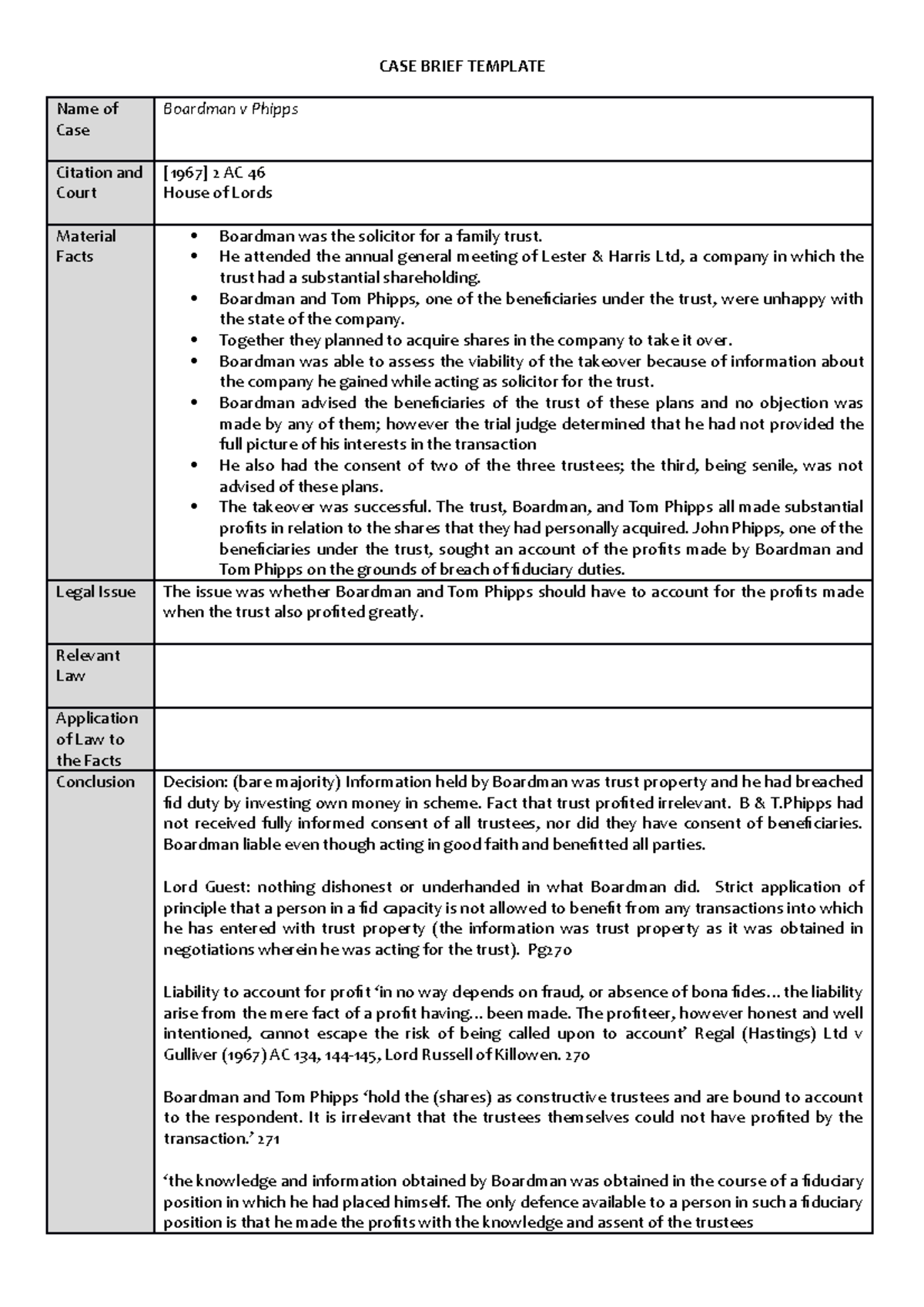 Boardman v Phipps - Case Brief - CASE BRIEF TEMPLATE Name of Case ...