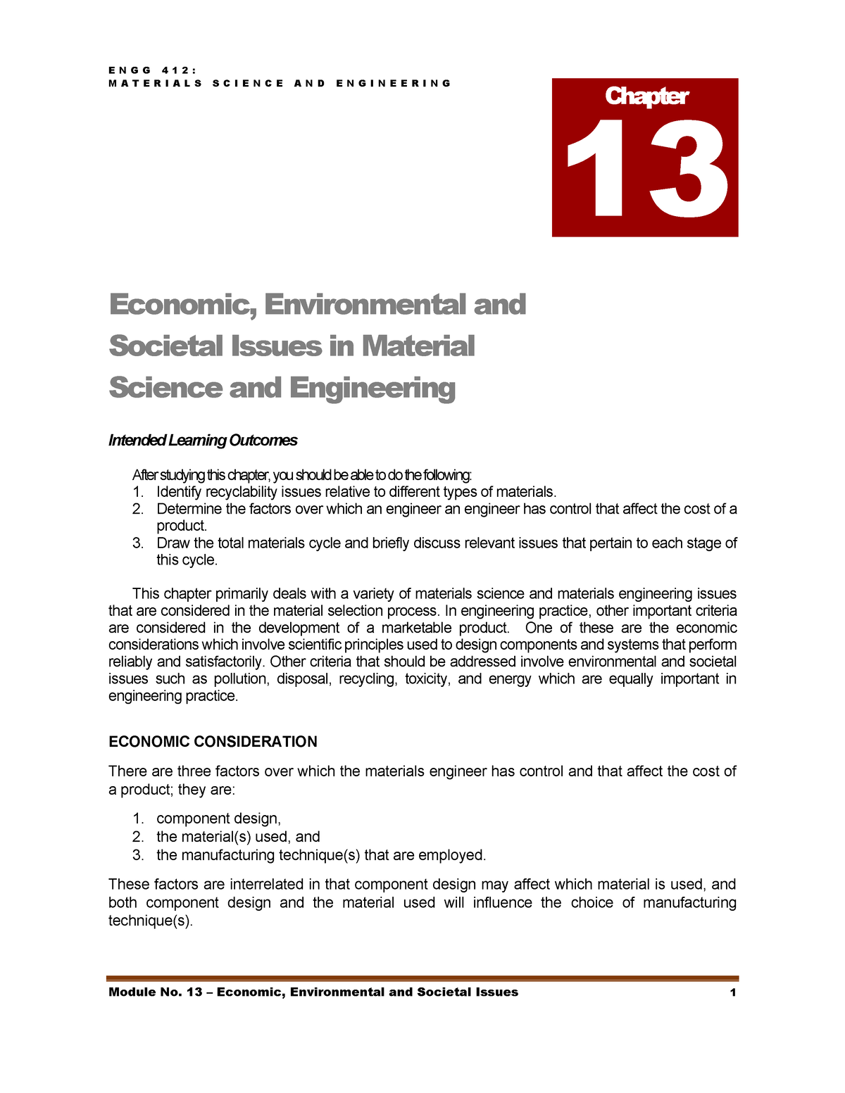 13 Economic Environmental And Societal Issues In Material Science And Engineering M A T E R