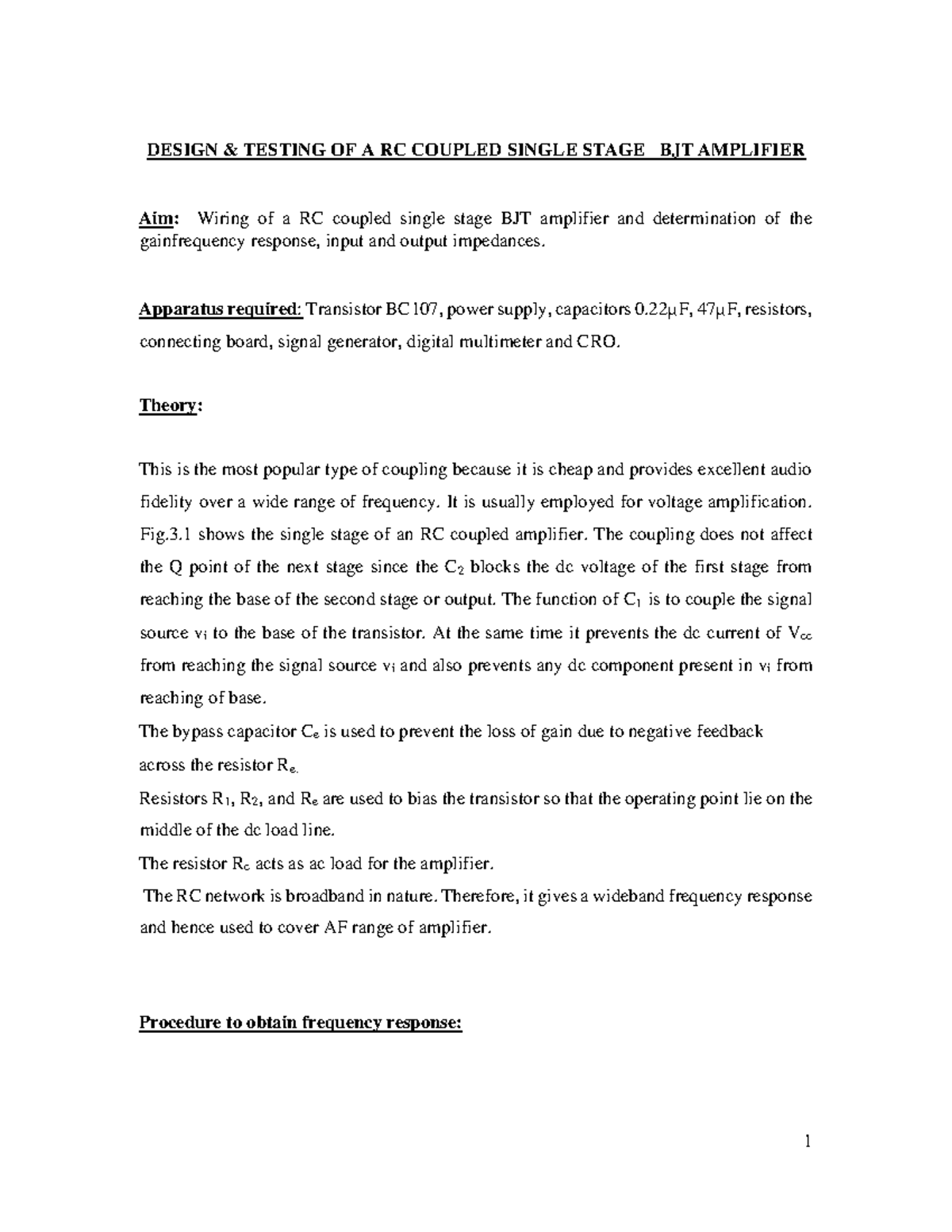 Analog Electronics Lab Manual 1 DESIGN & TESTING OF A RC COUPLED
