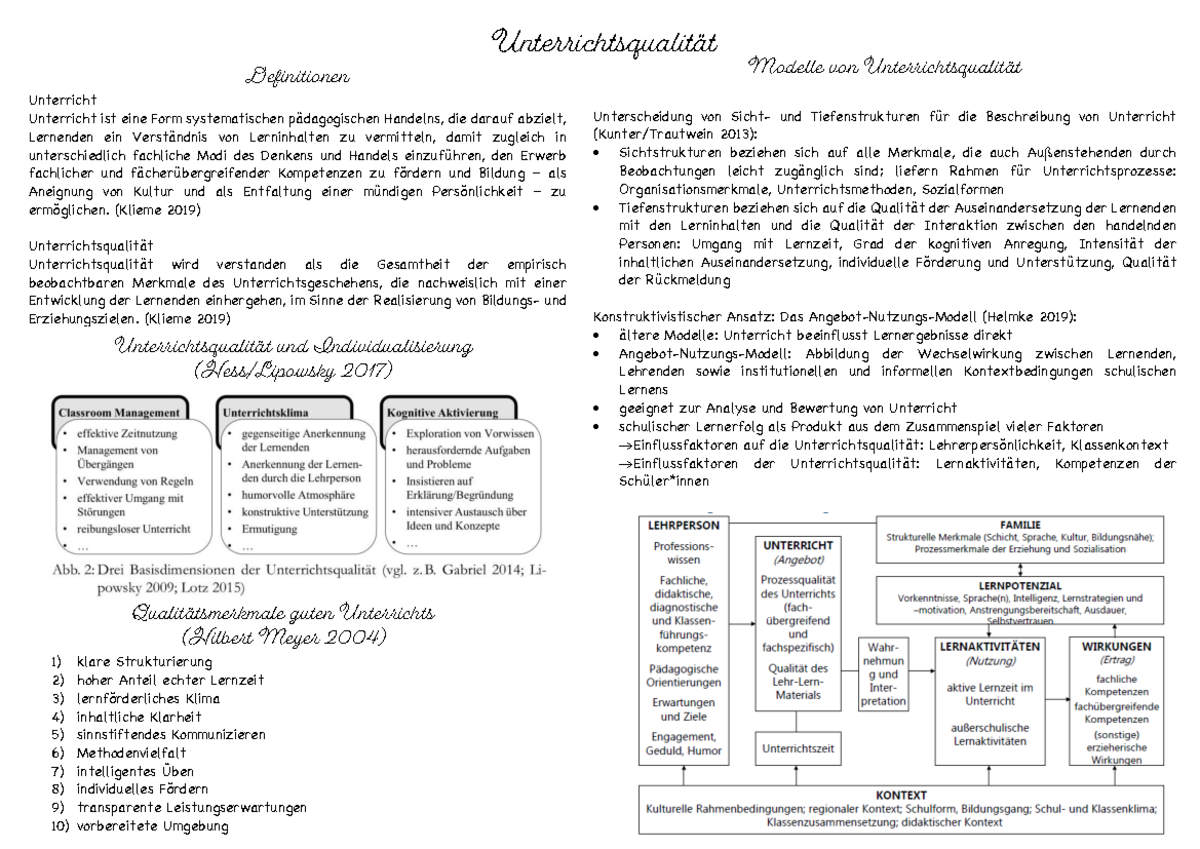 Unterrichtsqualität - Unterrichtsqualität Definitionen Unterricht ...