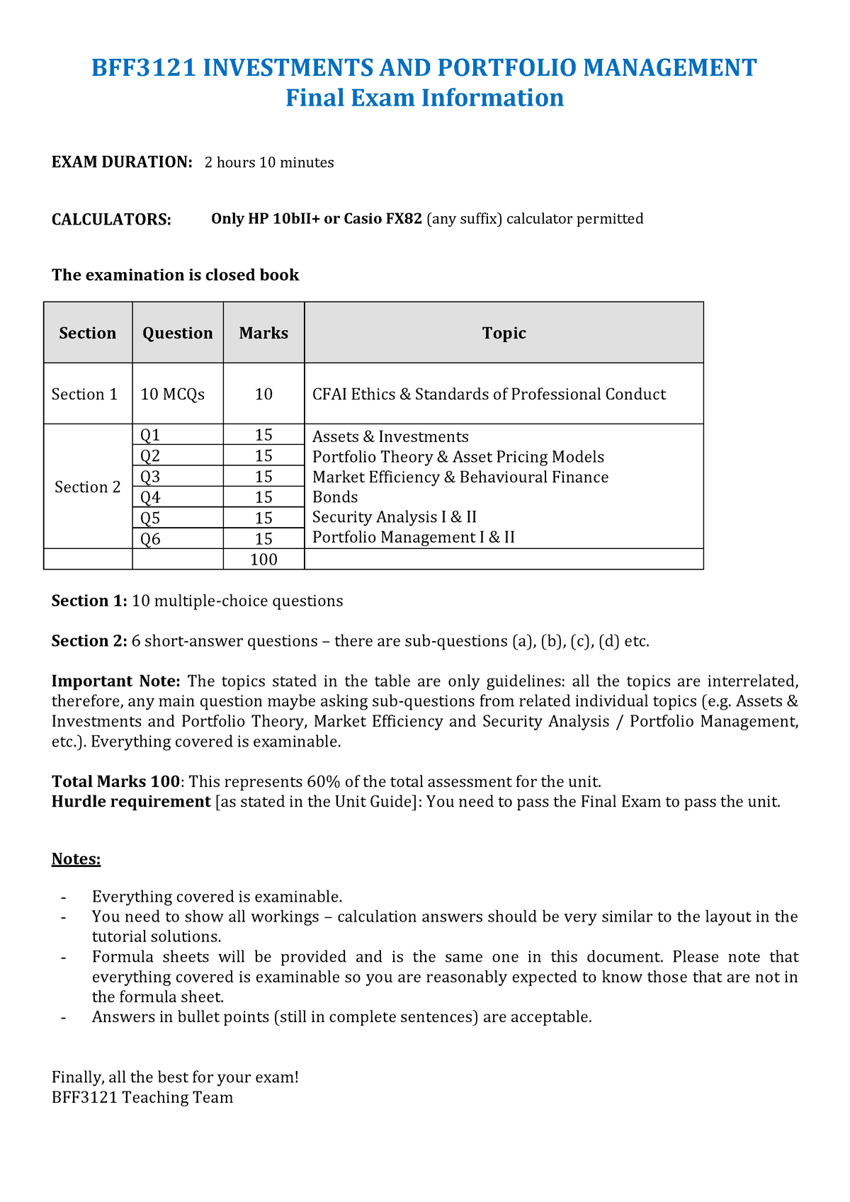 BFF3121 - Final Exam Information Revised - BFF3121 INVESTMENTS AND ...