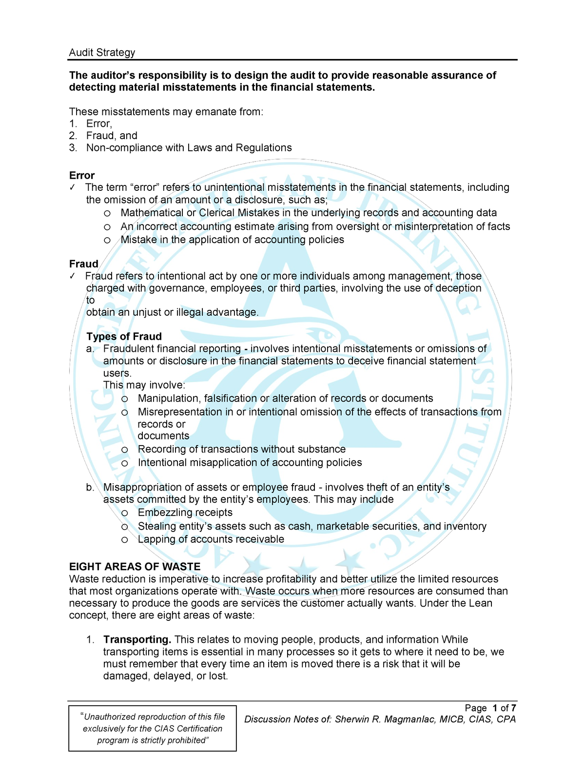 Audit Strategy - Week 3 - Page 1 Of 7 Discussion Notes Of: Sherwin R 