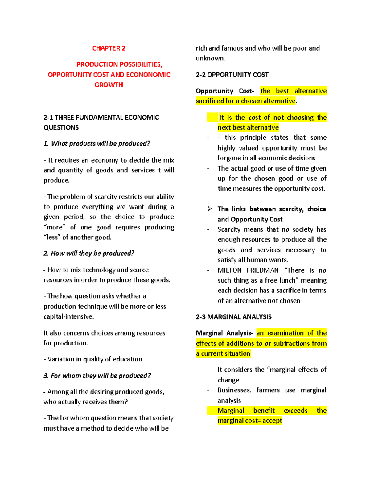 Chapter 2 Study Notes- PRODUCTION POSSIBILITIES, OPPORTUNITY COST, AND ...