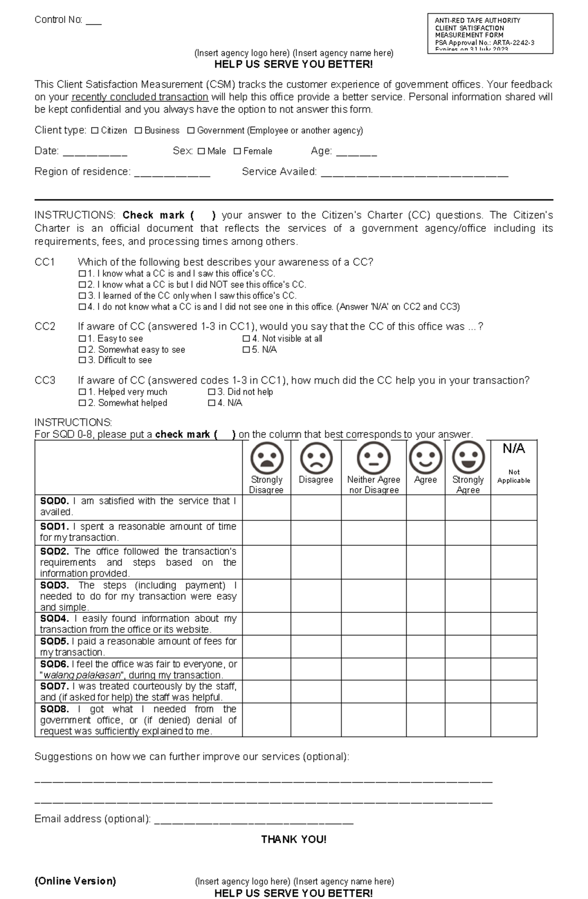 ARTA-MC-2022-05 Annex-A - ANTI-RED TAPE AUTHORITY CLIENT SATISFACTION ...