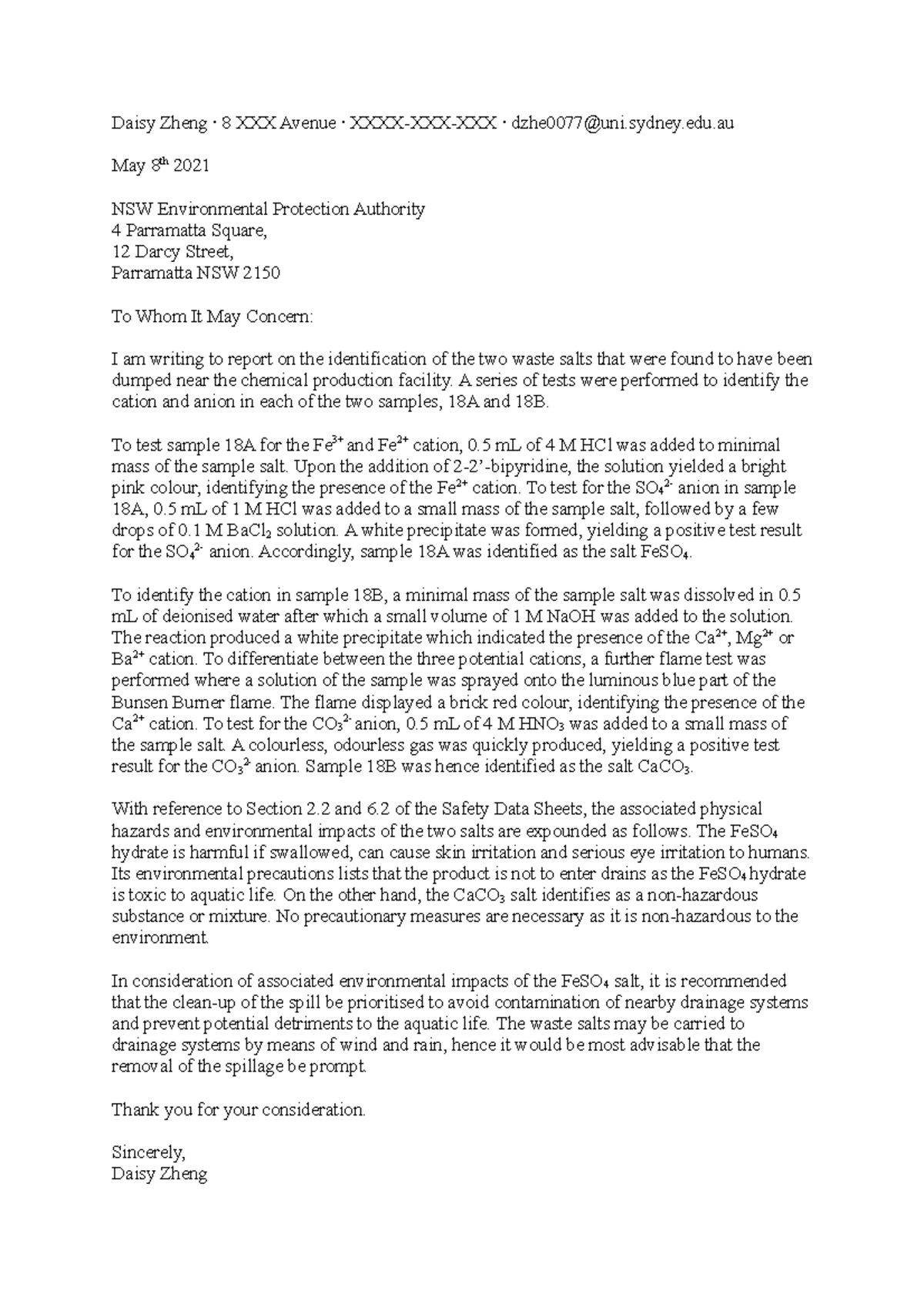 E2 - Environmental Forensics - Letter to the EPA - Daisy Zheng · 8 XXX ...