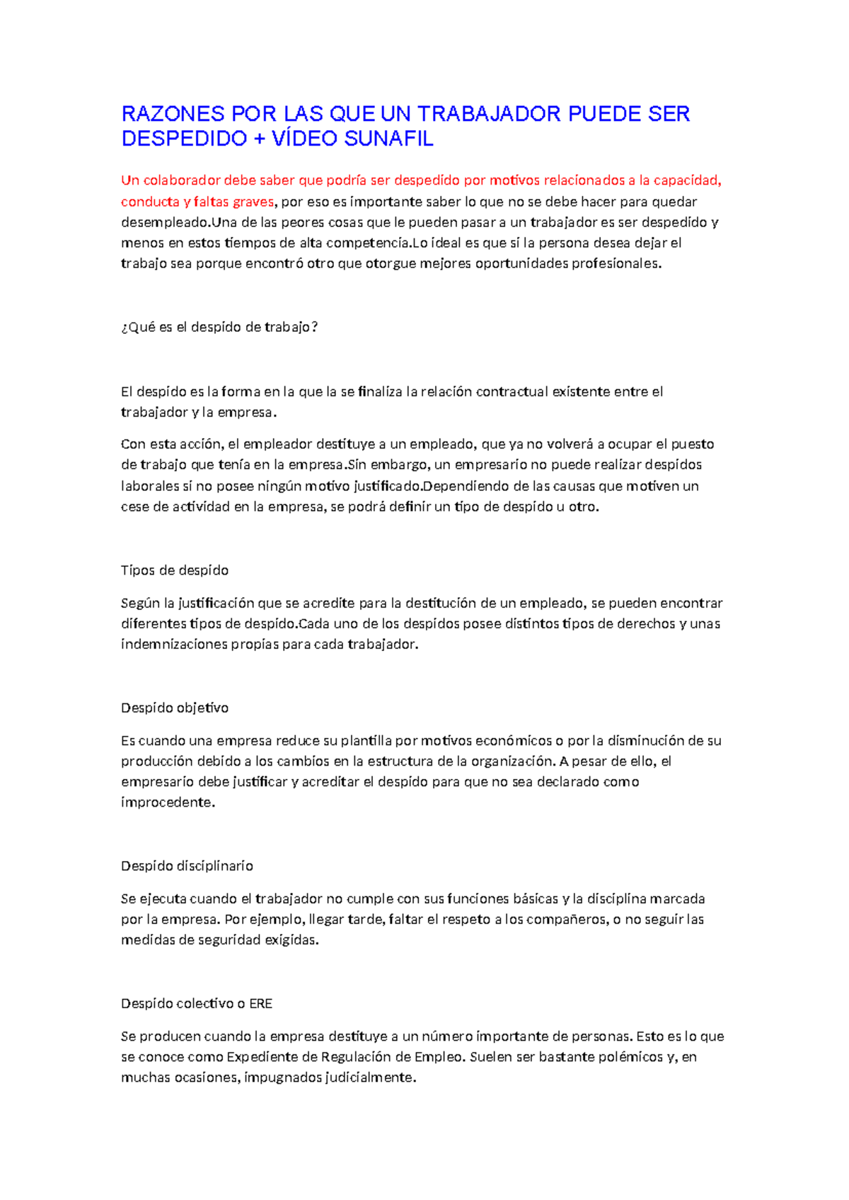 Razones POR LAS QUE UN Trabajador Puede SER Despedido - RAZONES POR LAS ...