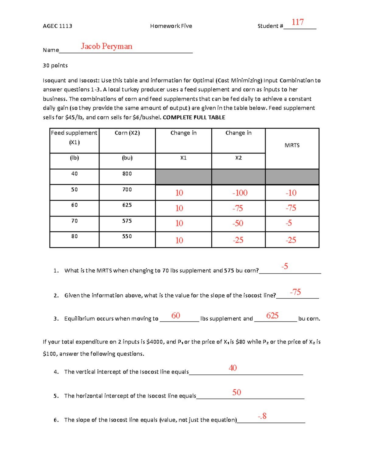 HW 5 - non - AGEC 1113 Homework Five Student #__________ - Studocu