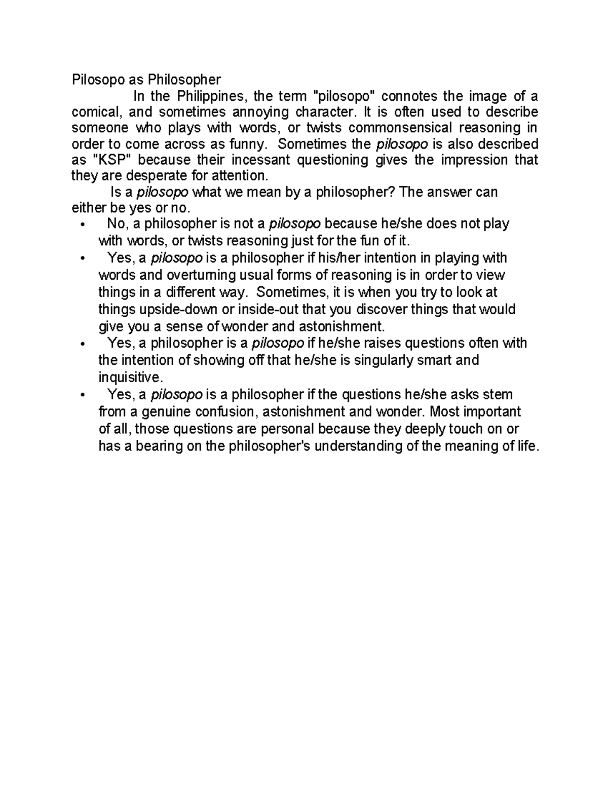 Philosophy 2 - Lecture notes 1 - Pilosopo as Philosopher In the ...
