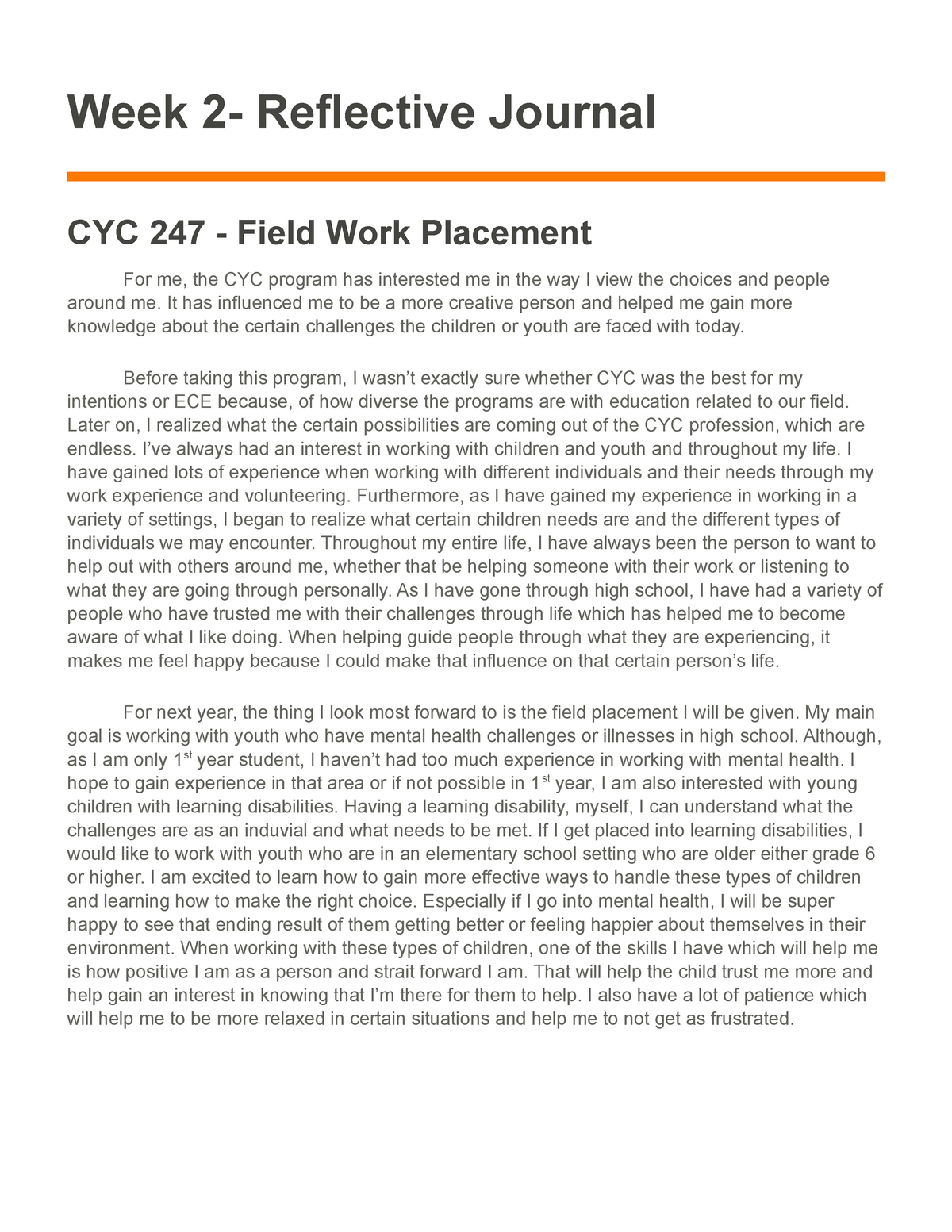 Week 2 Assignment - Reflective Journal - Week 2- Reflective Journal CYC ...