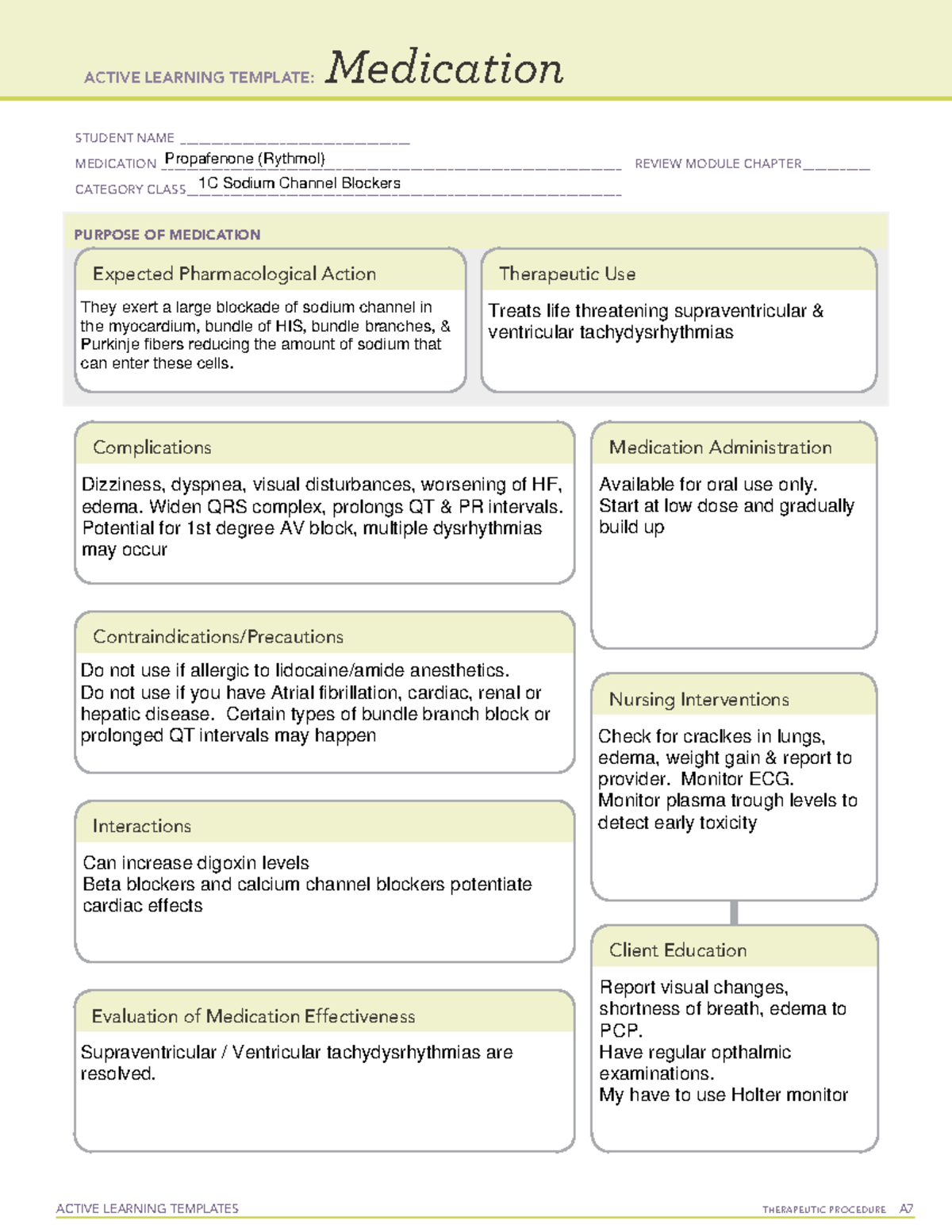 ATI Propafenone (Rythmol) - ACTIVE LEARNING TEMPLATES THERAPEUTIC ...