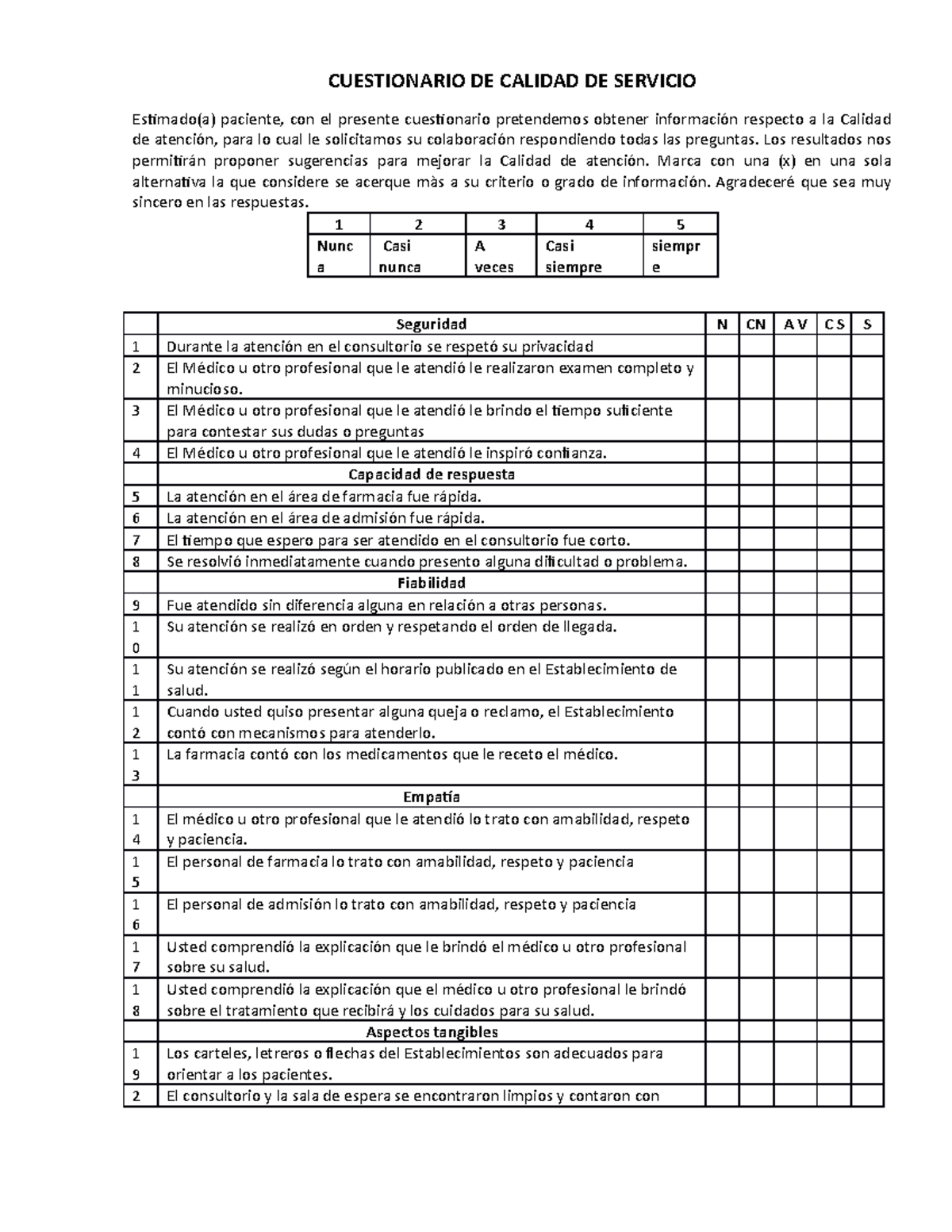 Cuestionario DE Calidad DE Servicio - CUESTIONARIO DE CALIDAD DE ...