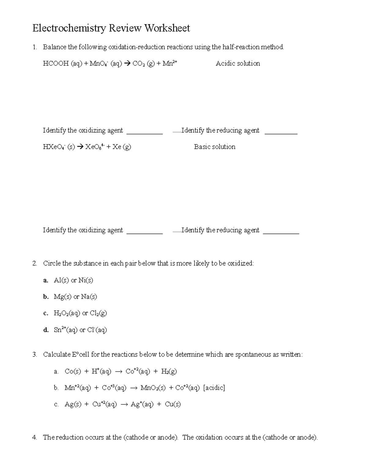 Electrochemistry review worksheet Electrochemistry Review Worksheet