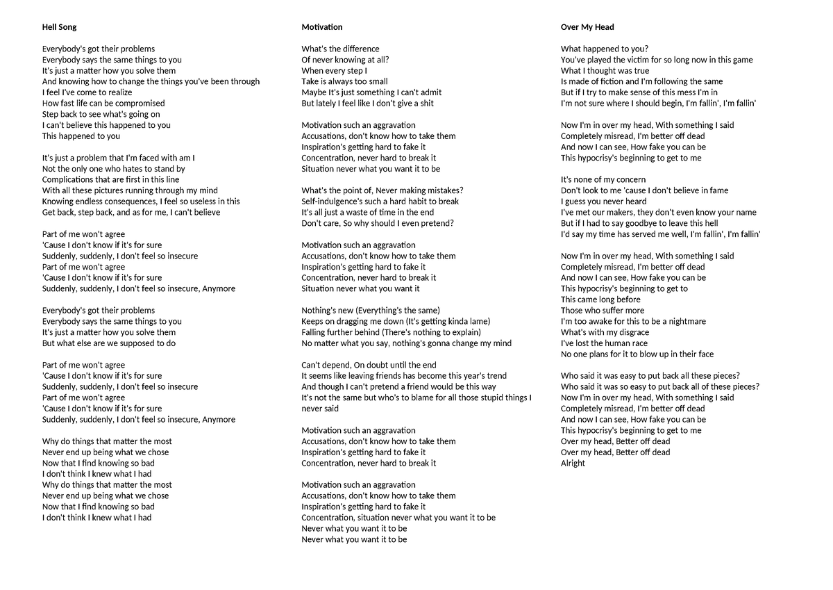 Sum41 Lyrics - Summary Diploma in Polymer Technology - Hell Song ...