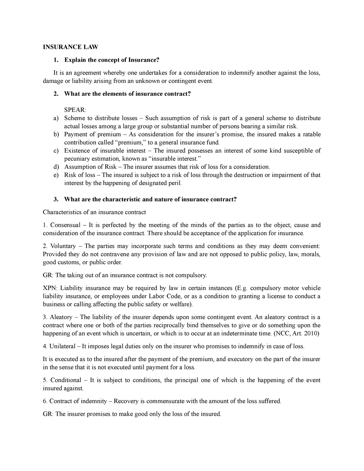 Insurance LAW - Question AND Answer - INSURANCE LAW 1. Explain the