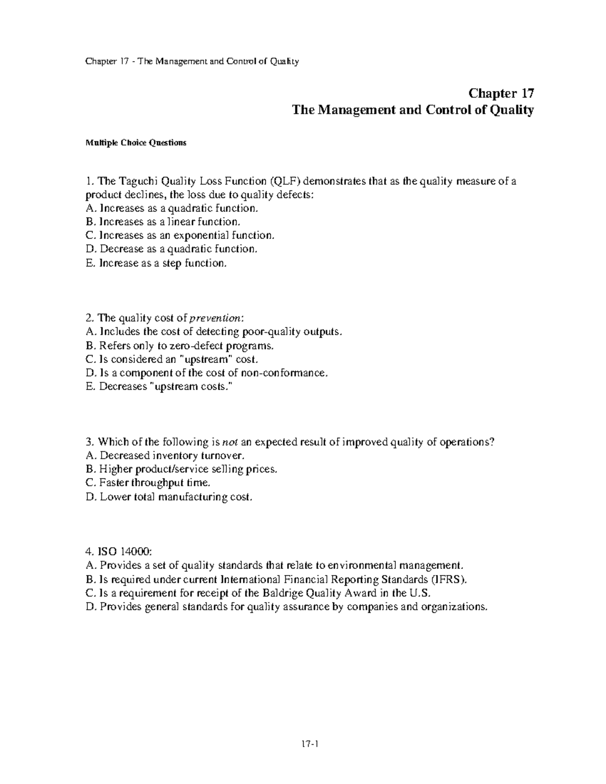 Chap017 - Chapter 17 The Management And Control Of Quality Multiple ...