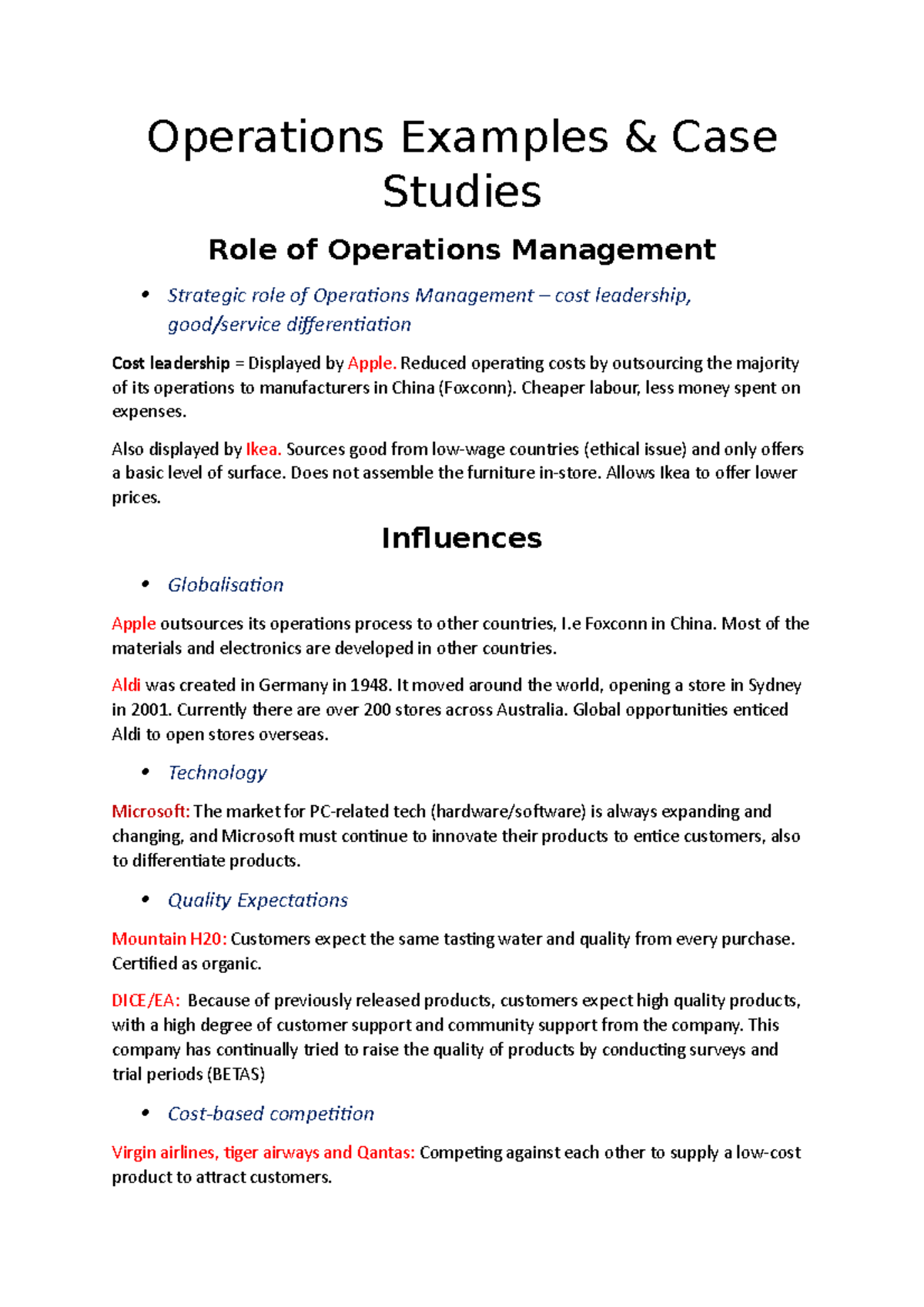 business studies operations case study