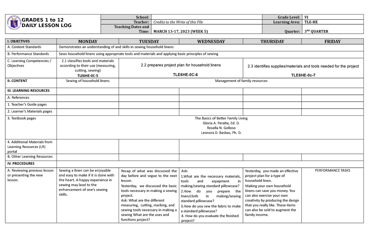 DLL TLE-HE 6 Q3 W5 - Materials - GRADES 1 To 12 DAILY LESSON LOG School ...