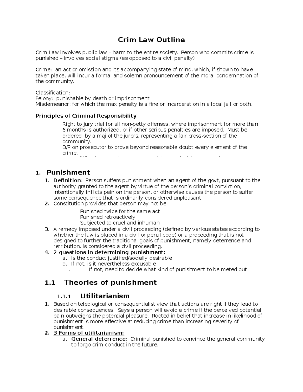 Criminal Law Outline - 3 - Crim Law Outline Crim Law Involves Public ...