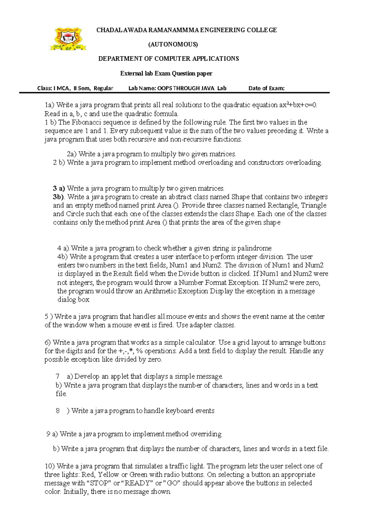 JAVA LAB QP -(14-9-2023) - CHADALAWADA RAMANAMMMA ENGINEERING COLLEGE ...