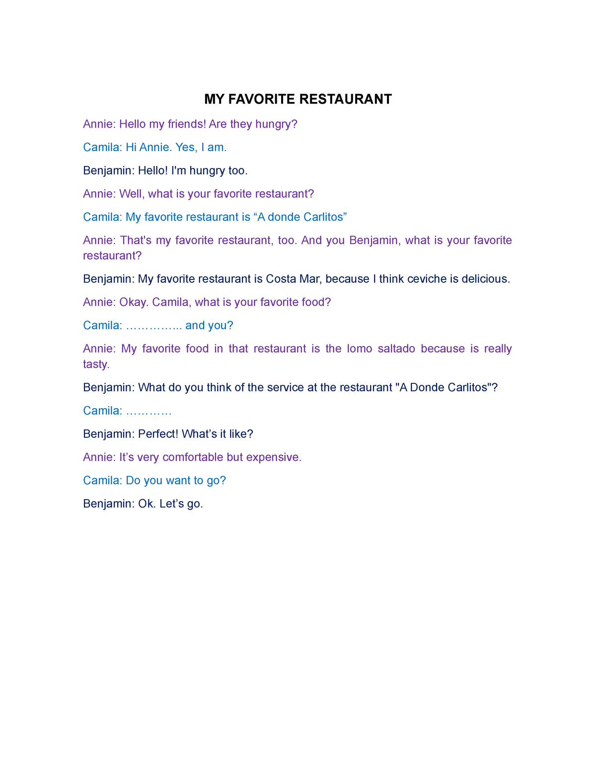 task assignment my favorite restaurant texto