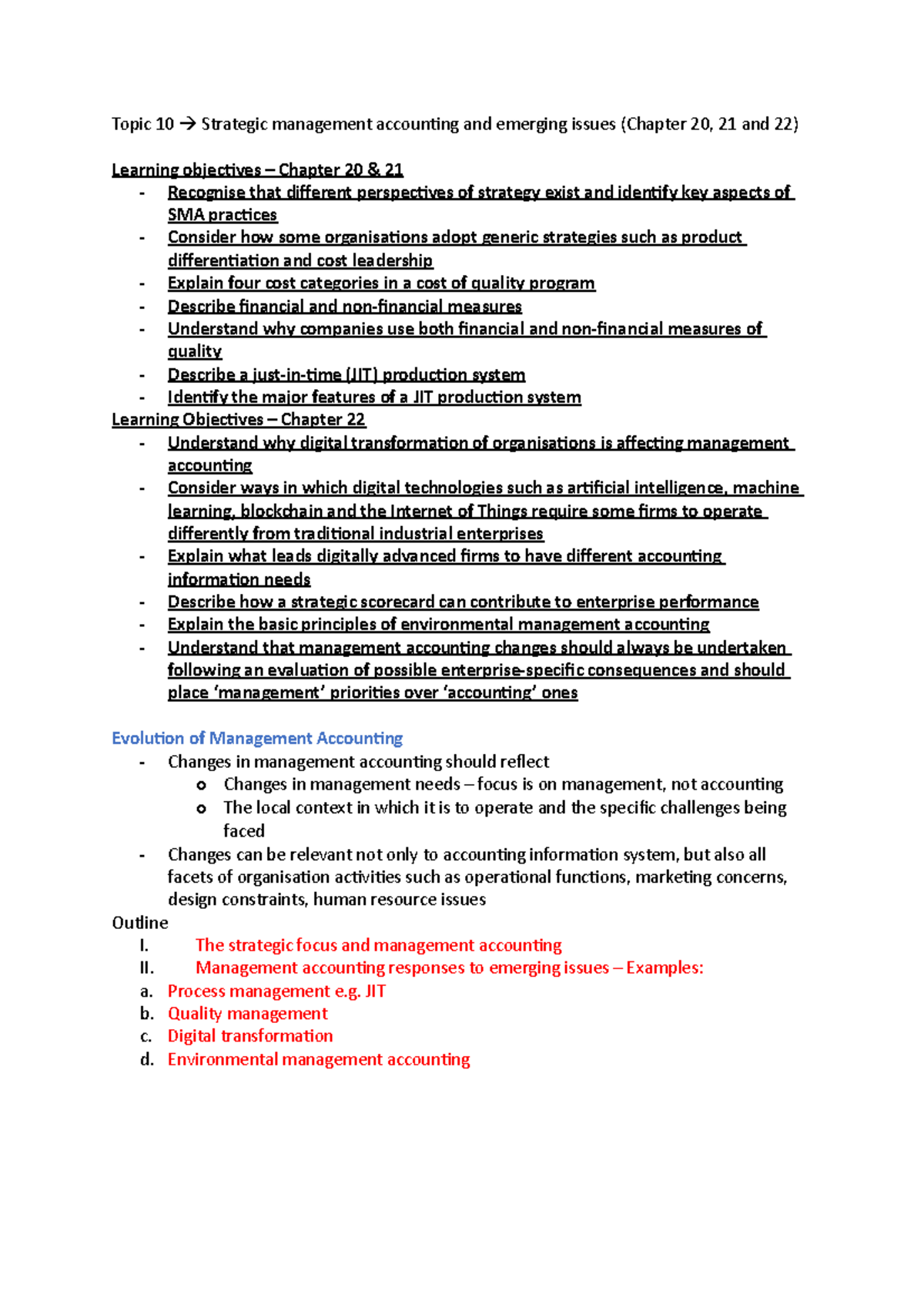 Topic 10 - Management accounting - Topic 10 Strategic management ...