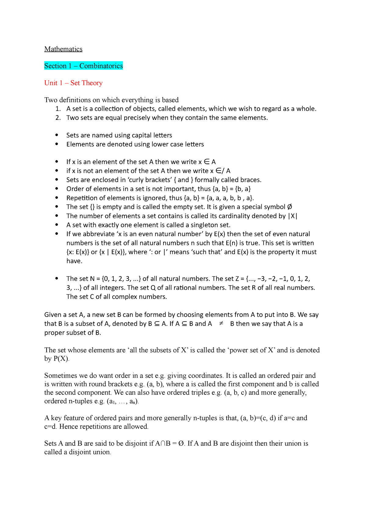 Mathematics Notes Mark Lawson Mathematics Section 1 Combinatorics Unit 1 Set Theory Two Studocu