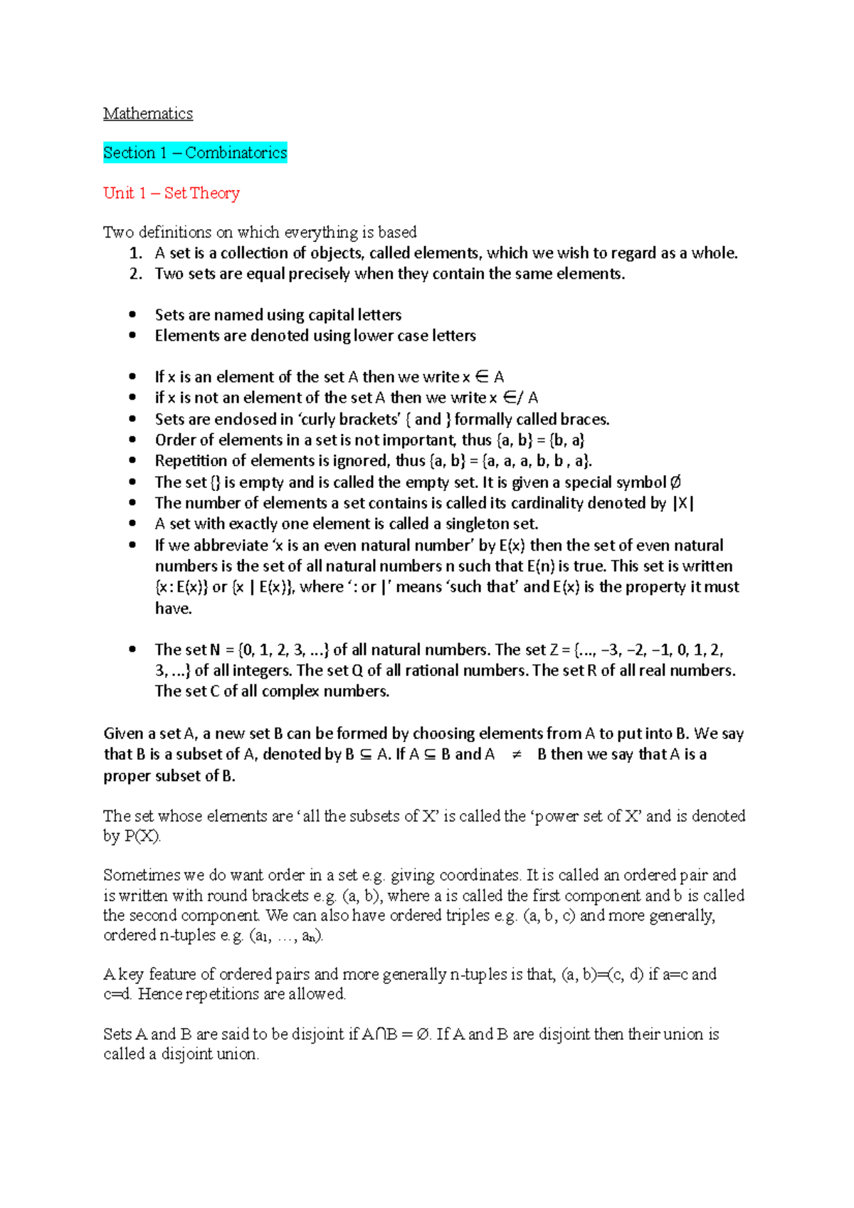 Mathematics Notes Mark Lawson Mathematics Section 1 Combinatorics Unit 1 Set Theory Two Studocu