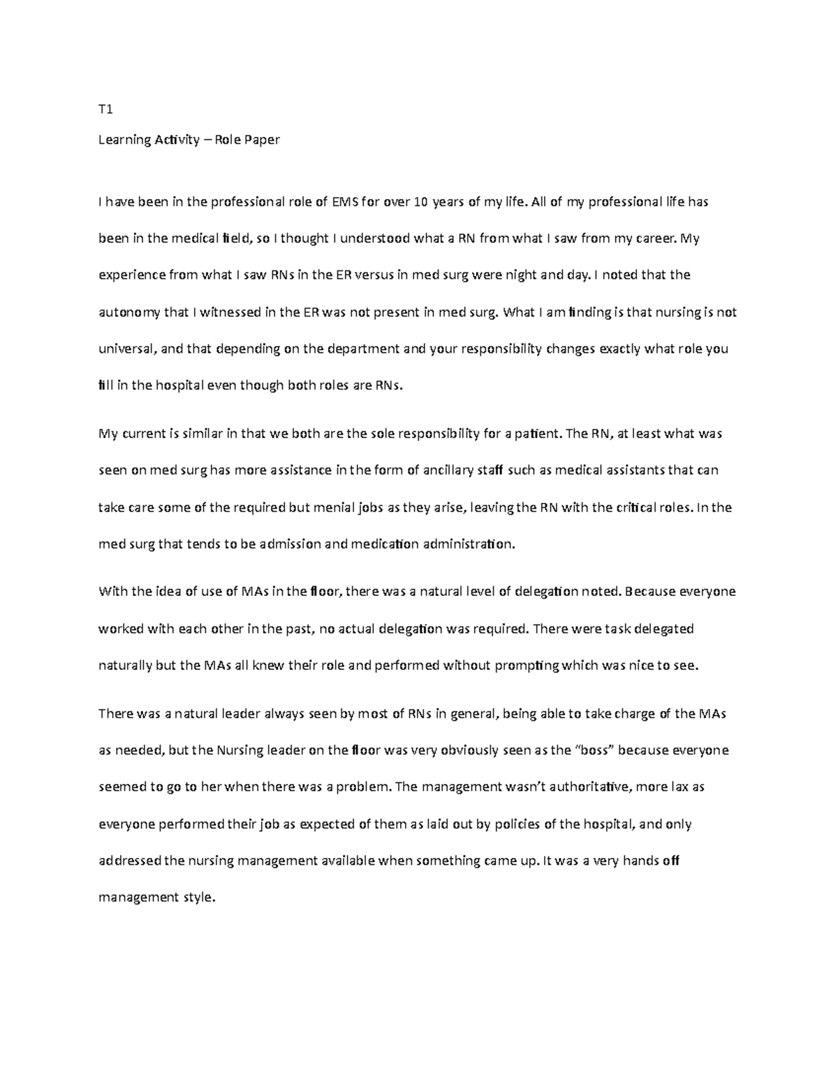 Learning activity role paper - T Learning Activity – Role Paper I have ...
