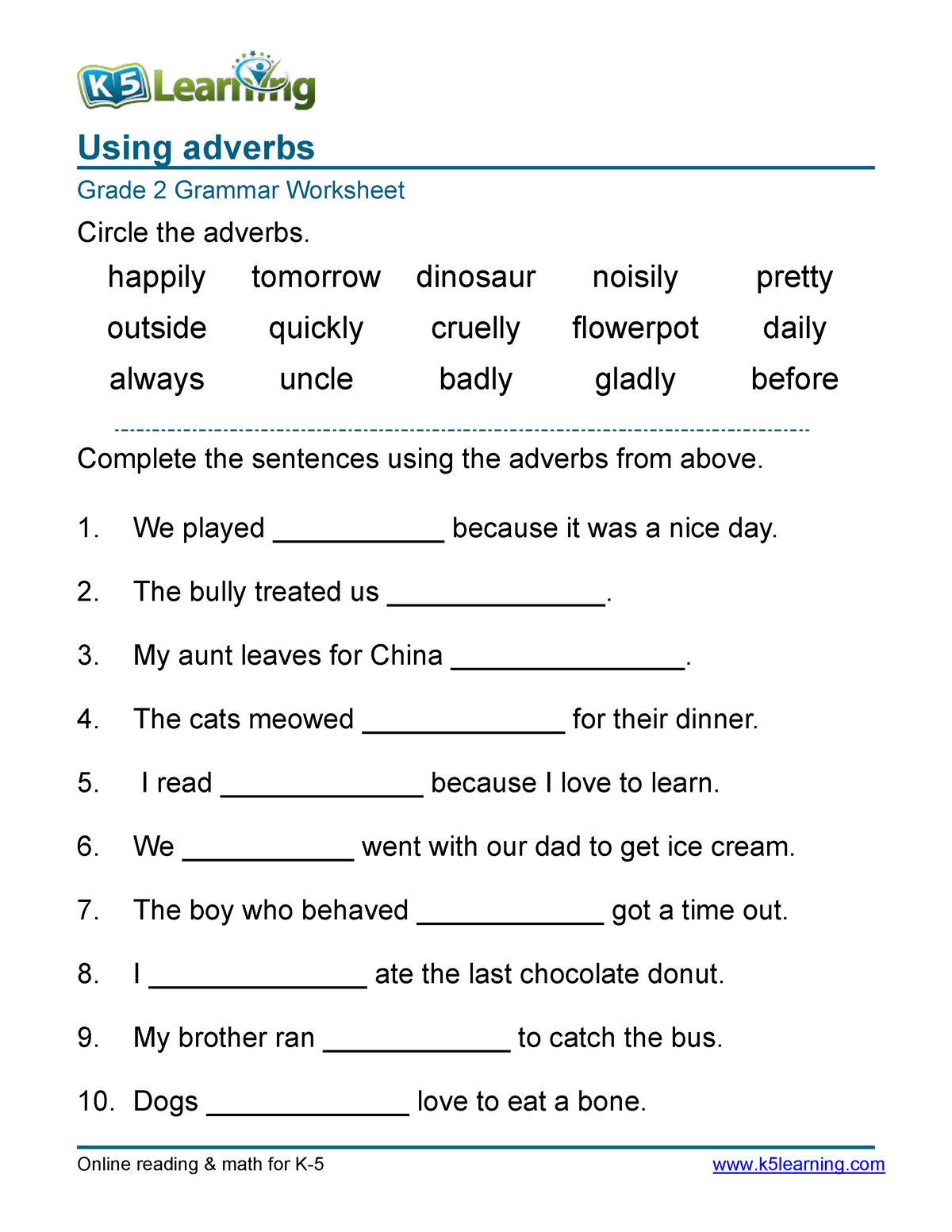 Grammar worksheet grade 2 adverbs sentences 1 - Using adverbs Grade 2 ...