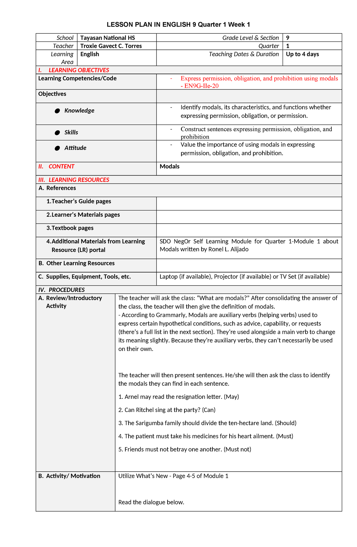 G9 Q1 Week1 Modals - Modal - LESSON PLAN IN ENGLISH 9 Quarter 1 Week 1 ...