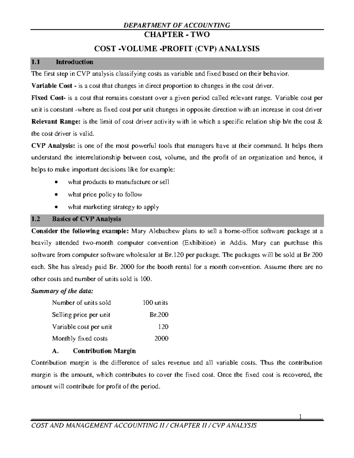 Ch 2 Cvp Analysis 1 Chapter Two Cost Volume Profit Cvp Ch 2 Cvp Analysis 1 Chapter Two Cost Volume Profit Cvp