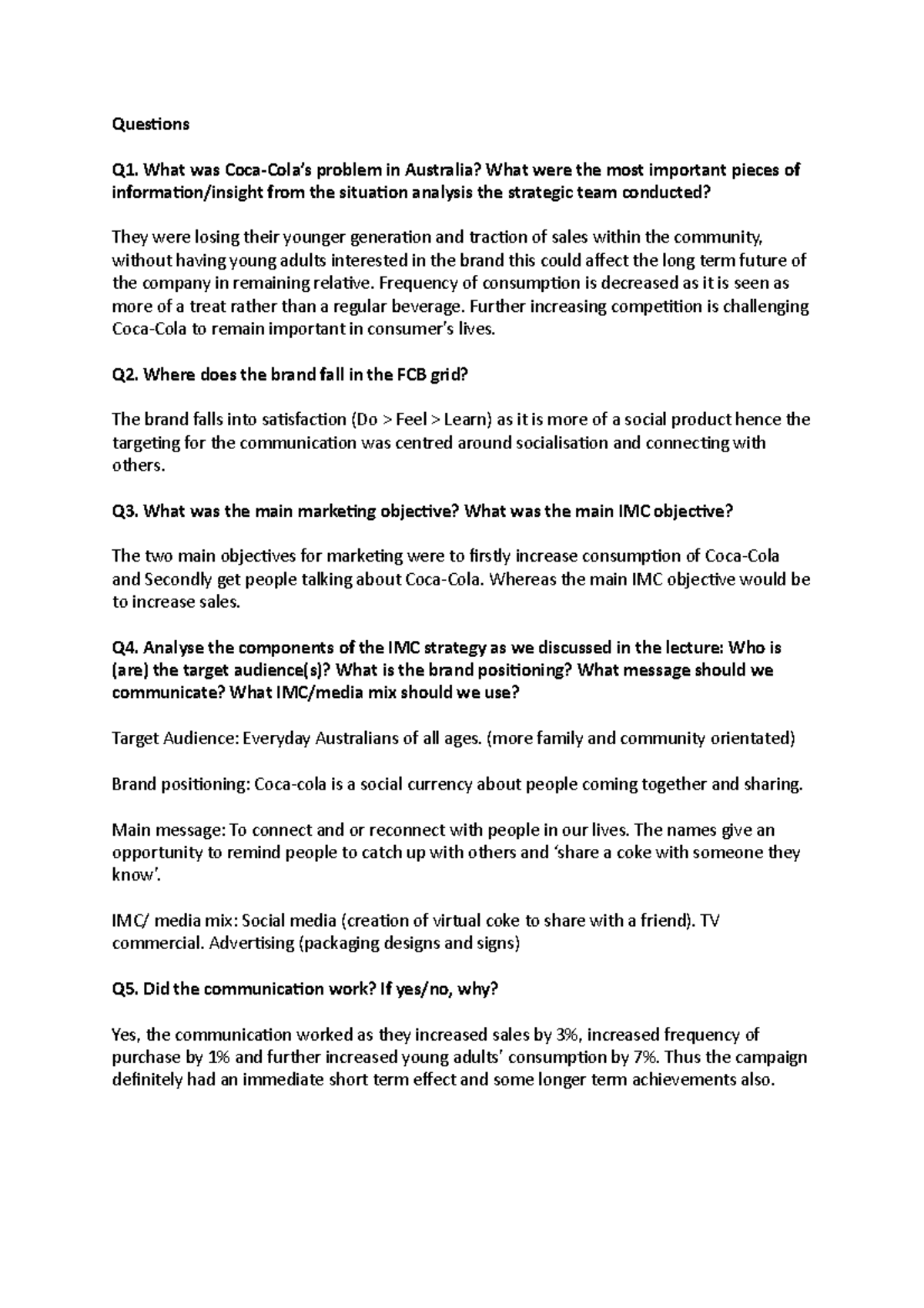 Case study 7 Cocacola Questions Q1. What was CocaCola’s problem in