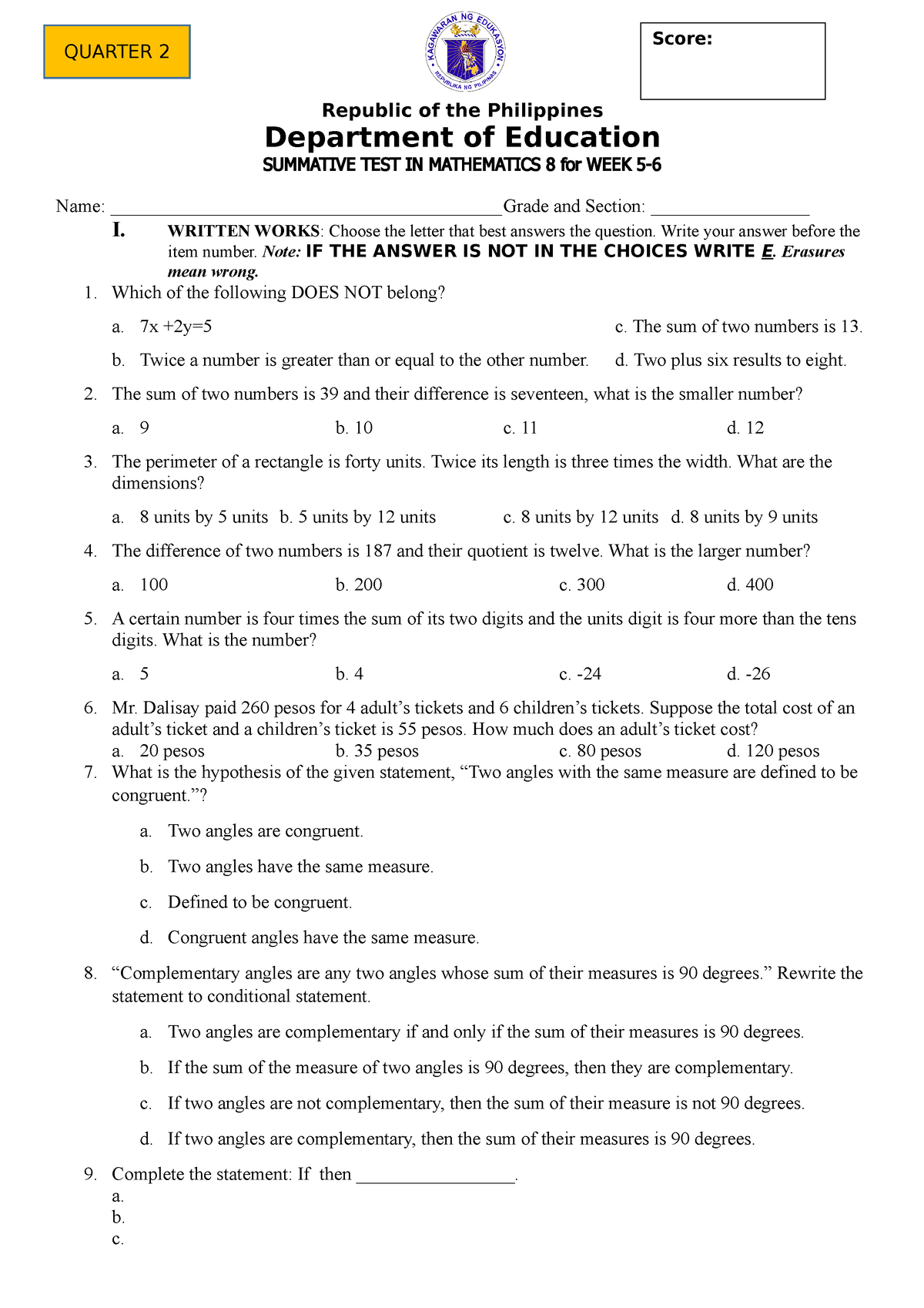 Q2 Summative Test Math 8 W5 6 Republic Of The Philippines Department Of Education Summative 6884