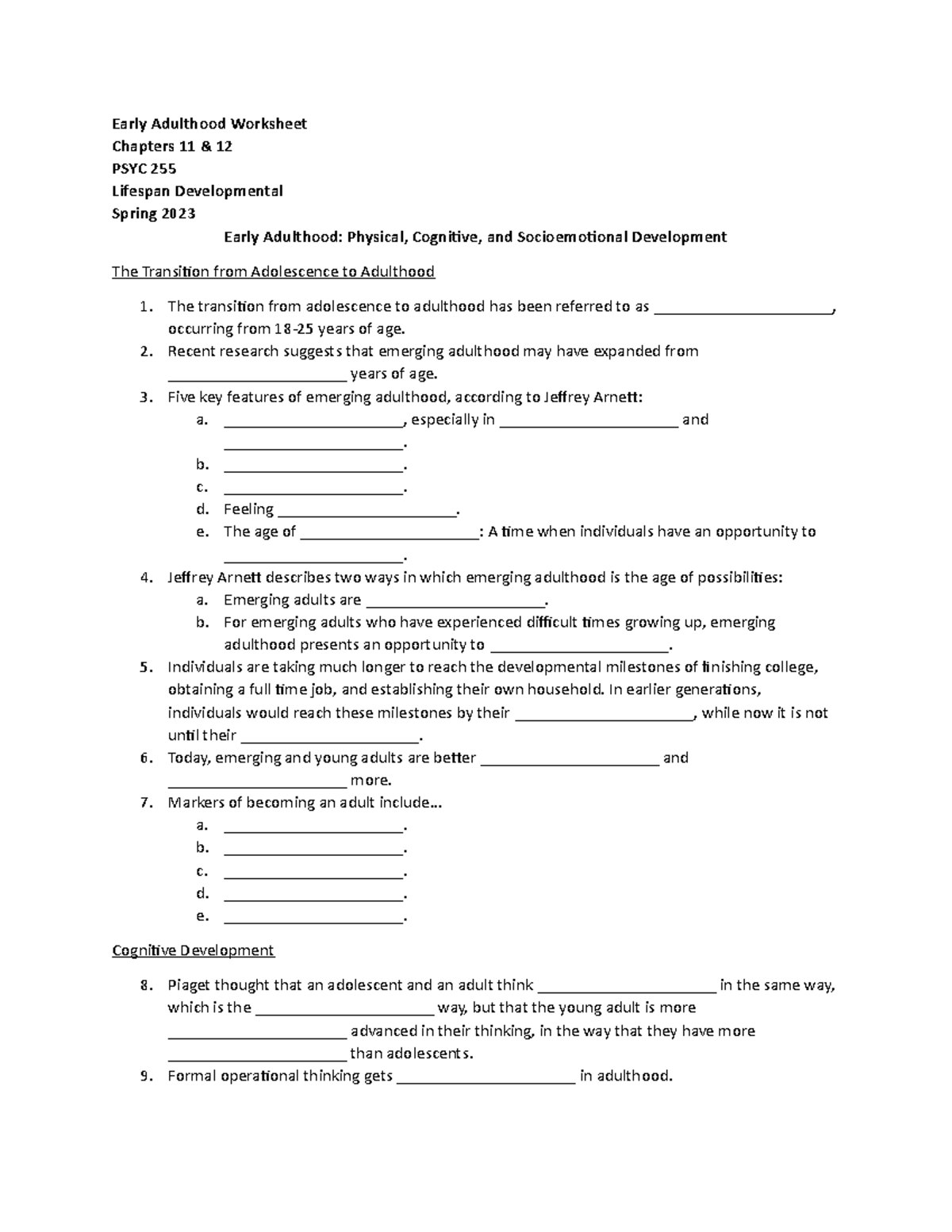 Early Adulthood Worksheet - Early Adulthood Worksheet Chapters 11 & 12 ...