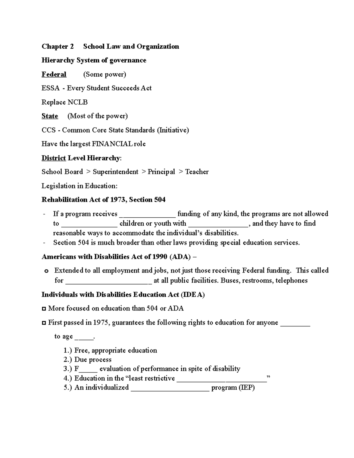 Chapter 2 School Law and Organization Notes Chapter 2 School Law and