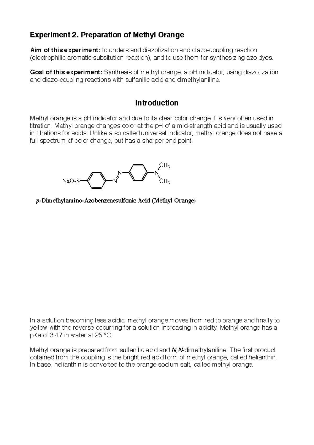 Preparation Of Methyl Orange Experiment 2 Preparation Of Methyl Orange Aim Of This Experiment 3285