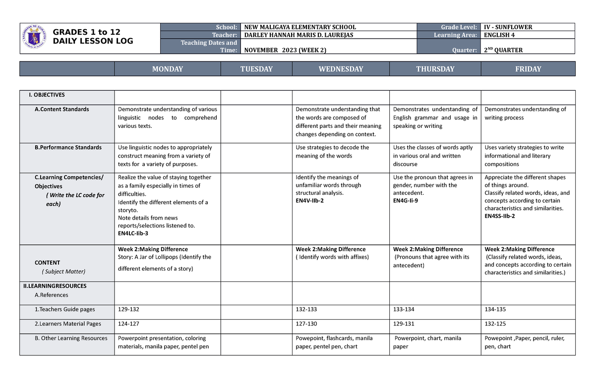 DLL English 4 Q2 W2 - DLL - GRADES 1 to 12 DAILY LESSON LOG School: NEW ...