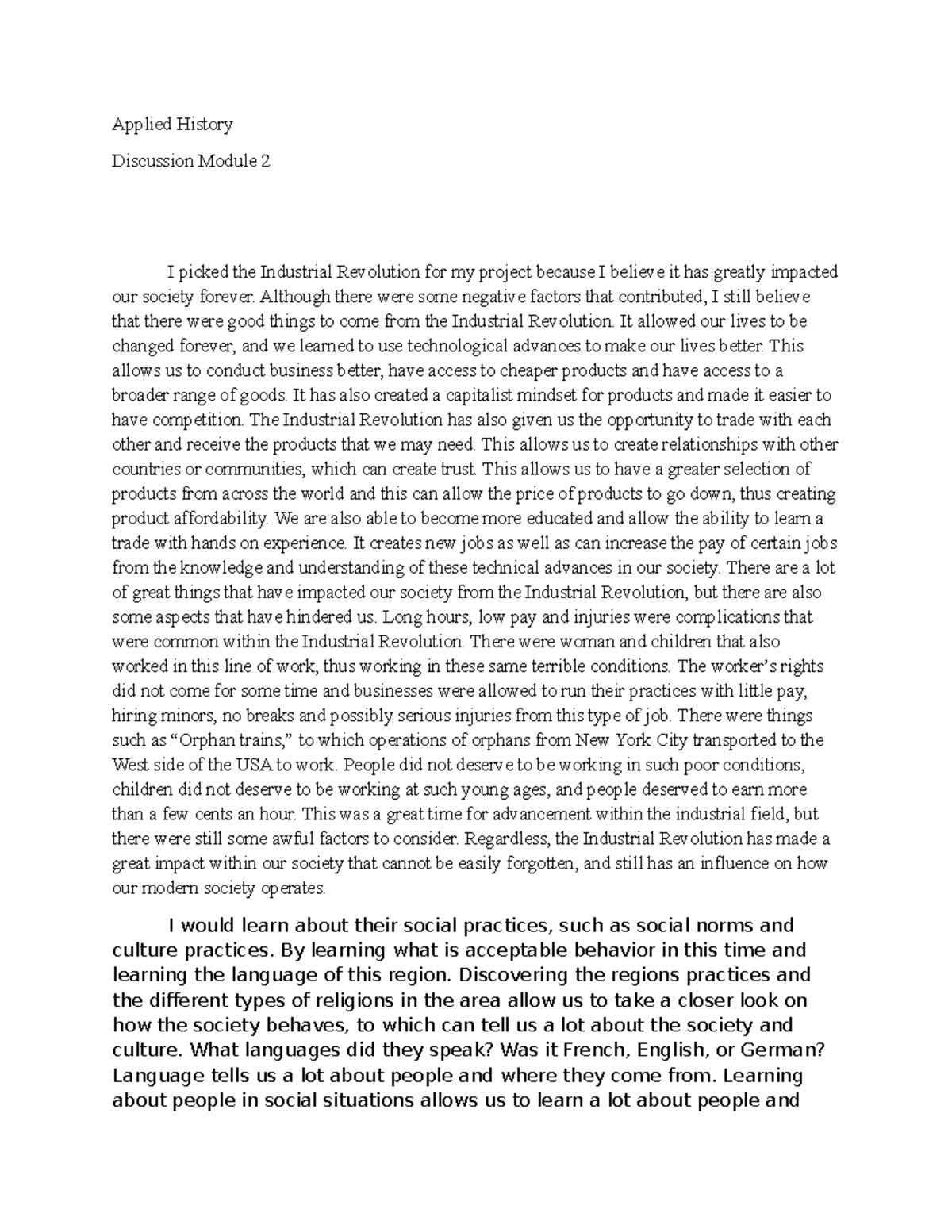Module 2 Discussion - Applied History Discussion Module 2 I picked the ...