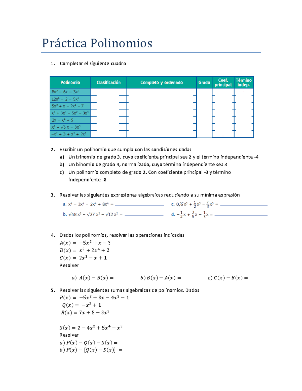 Pratica Polinomios Operaciones - Prá Cticá Polinomios Completar El ...