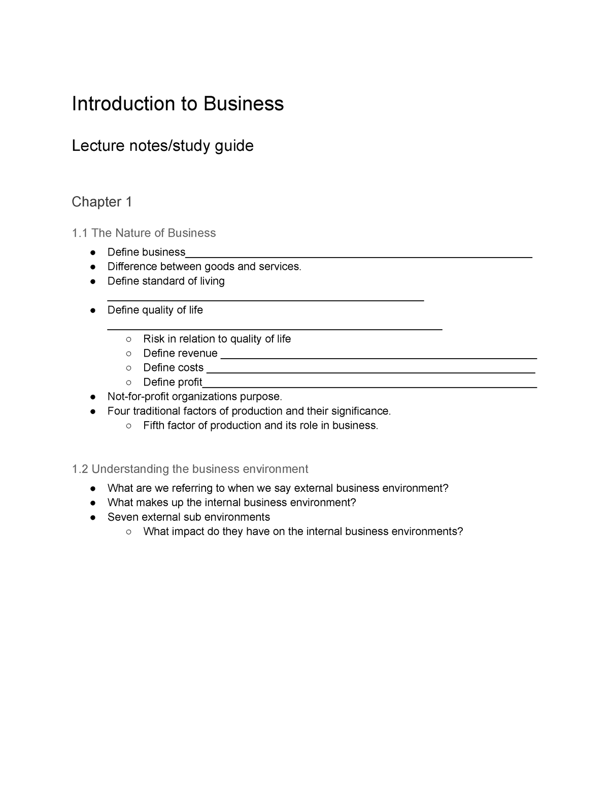 Introduction To Business Lecture Notes Ch 01 - Introduction To Business ...