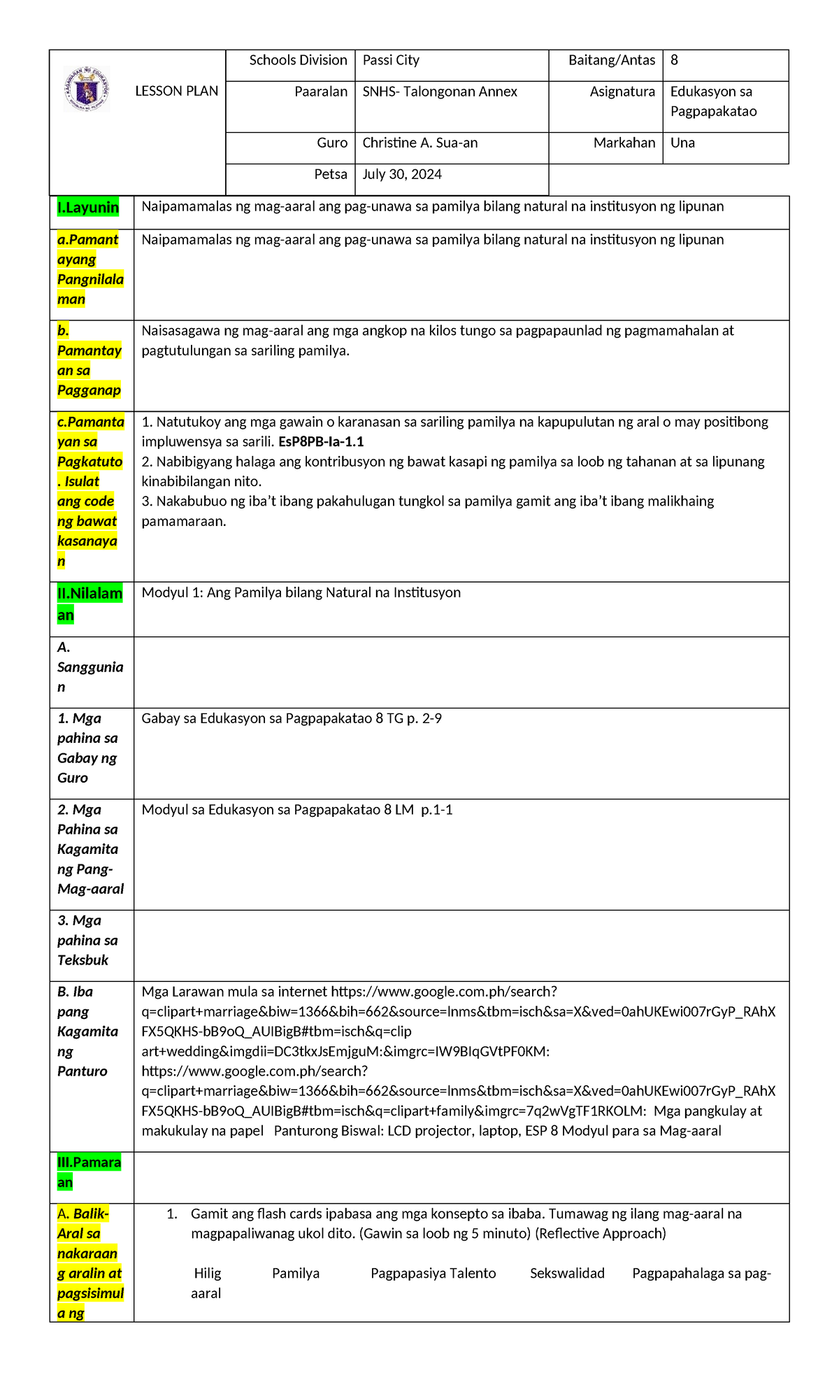 Q1 ESp week 1 - ESP8 - LESSON PLAN Schools Division Passi City Baitang ...