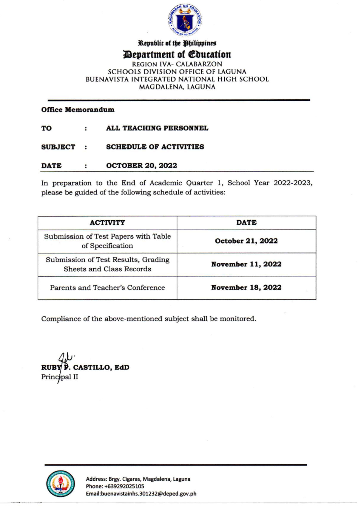 Memo Schedule of Activities End of 1st Quarter - Education - Studocu