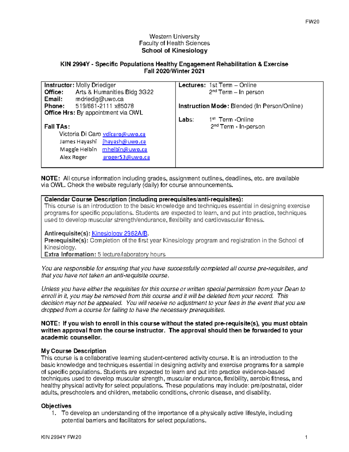 Sphere Syllabus Western University Faculty of Health Sciences School of Kinesiology KIN 2994Y