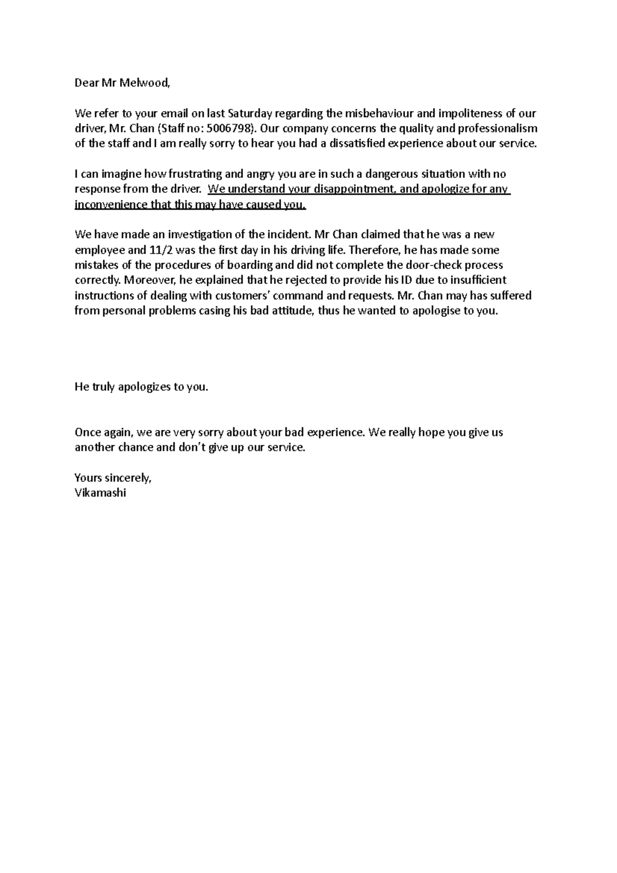 GE Eng Ass1 - Sample essay - Dear Mr Melwood, We refer to your email on ...