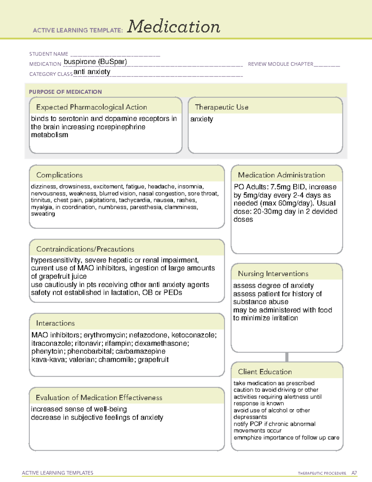 Busporine drug ati med sheet - ACTIVE LEARNING TEMPLATES THERAPEUTIC ...