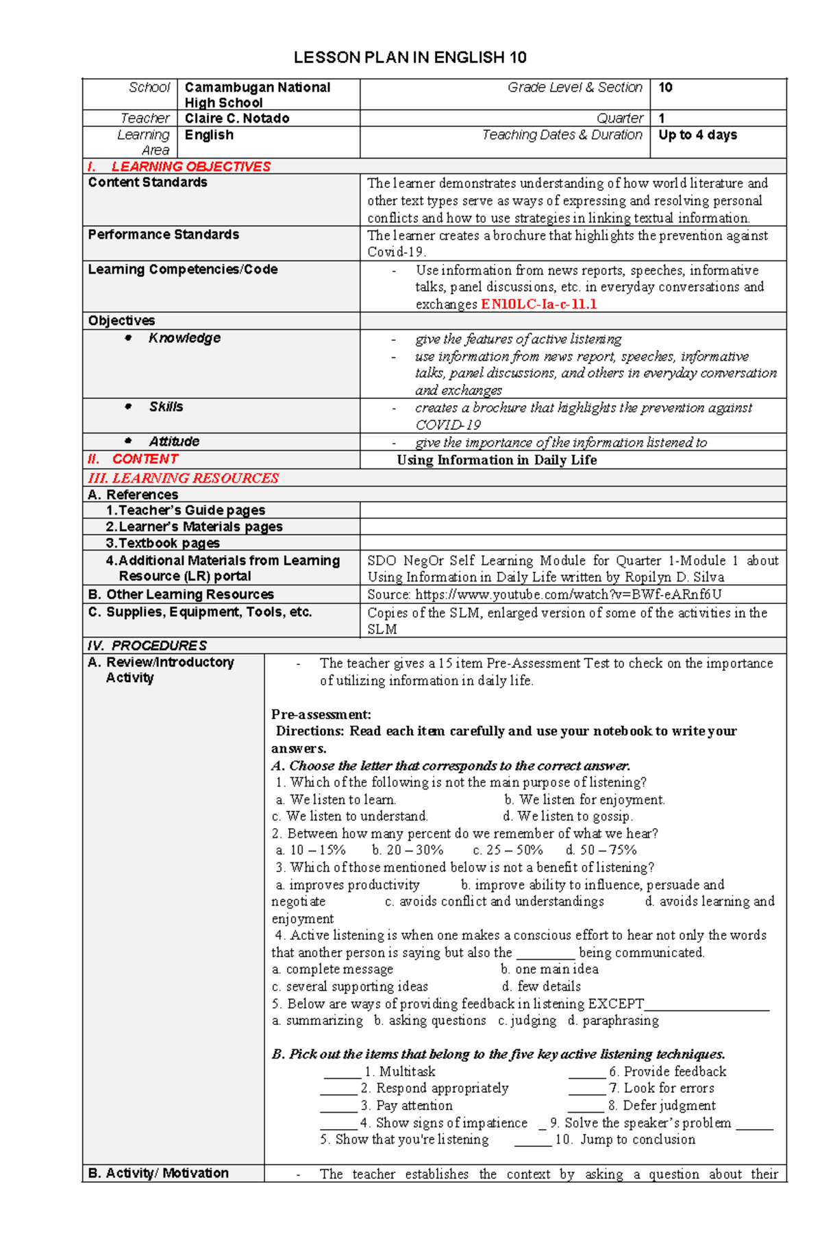 Daily Lesson Plan in English 10 Q1 - LESSON PLAN IN ENGLISH 10 School ...