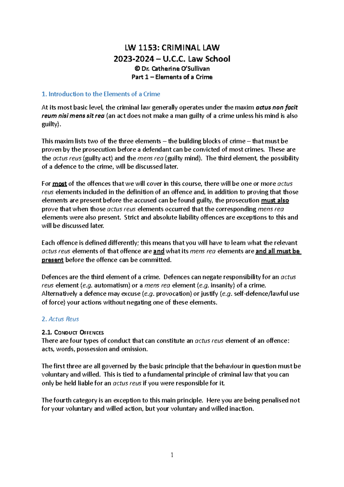 Actus Reus and Mens Rea h-o 2023 - LW 1153: CRIMINAL LAW 2023-2024 – U ...