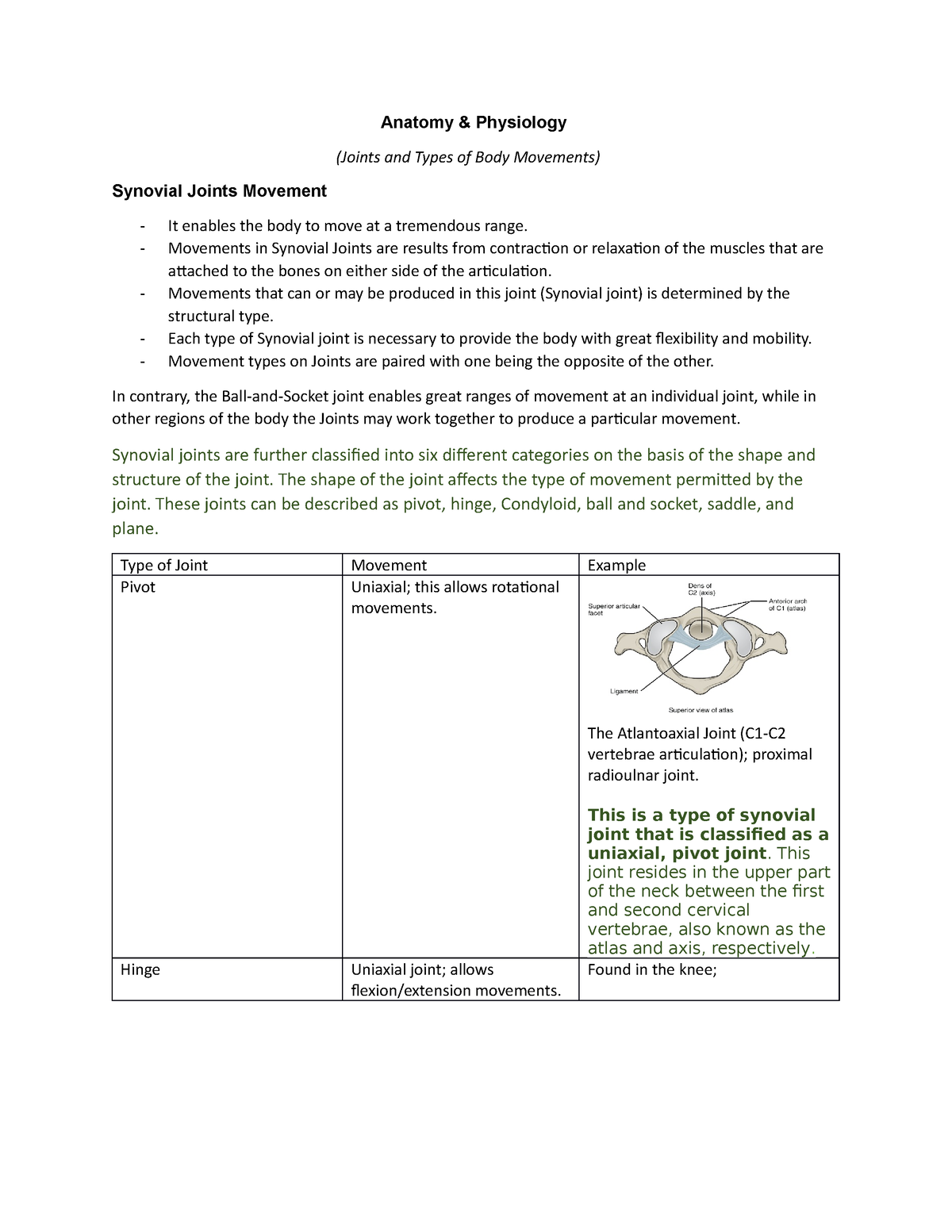 Pathfit Anatomy And Physiology Notes - Anatomy & Physiology (Joints And ...