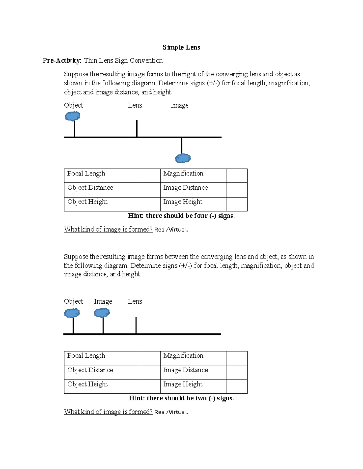 Simple Thin Lens Worksheet - Simple Lens Pre-Activity: Thin Lens Sign ...
